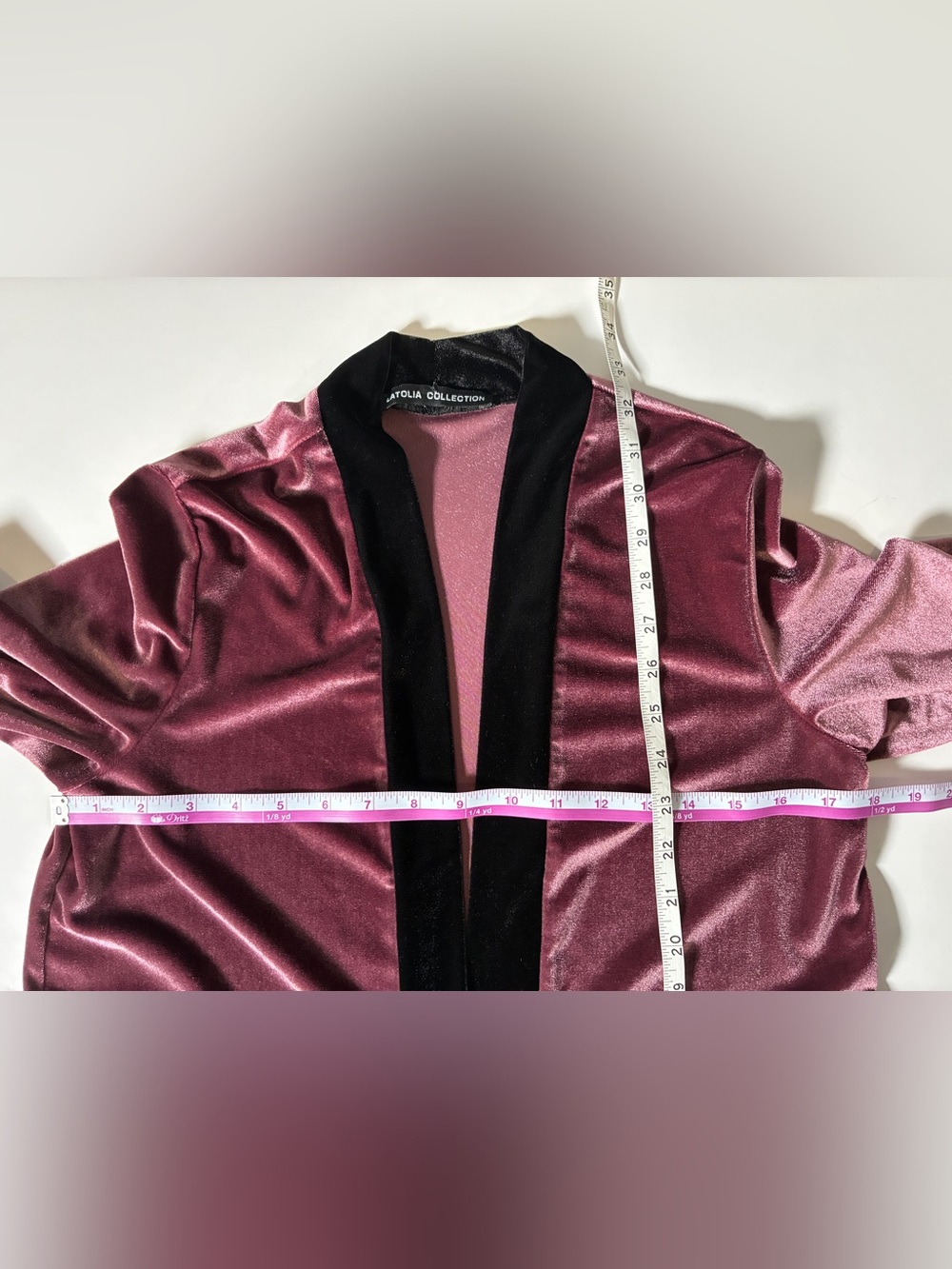 Latolia Collection Dusty Mauve Open Front Duster Cardigan Black Velvet Trim - Picture 4 of 6
